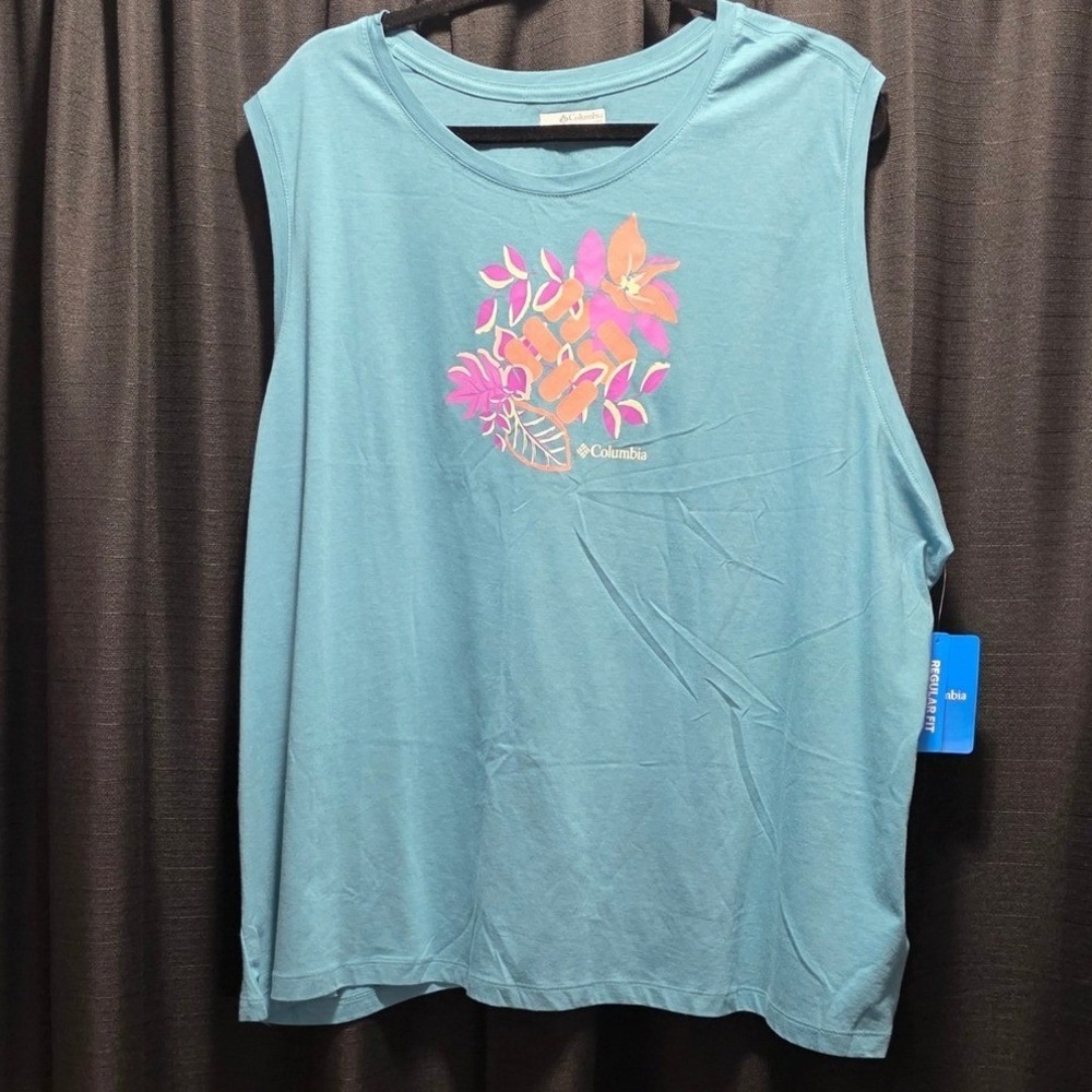 Columbia Womens 3X Teal Blue Floral Graphic Sleeveless Muscle Tee Tank Top NEW